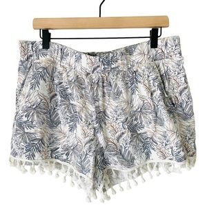 REWASH Linen Shorts Botanical Palm Print White Tassel XL